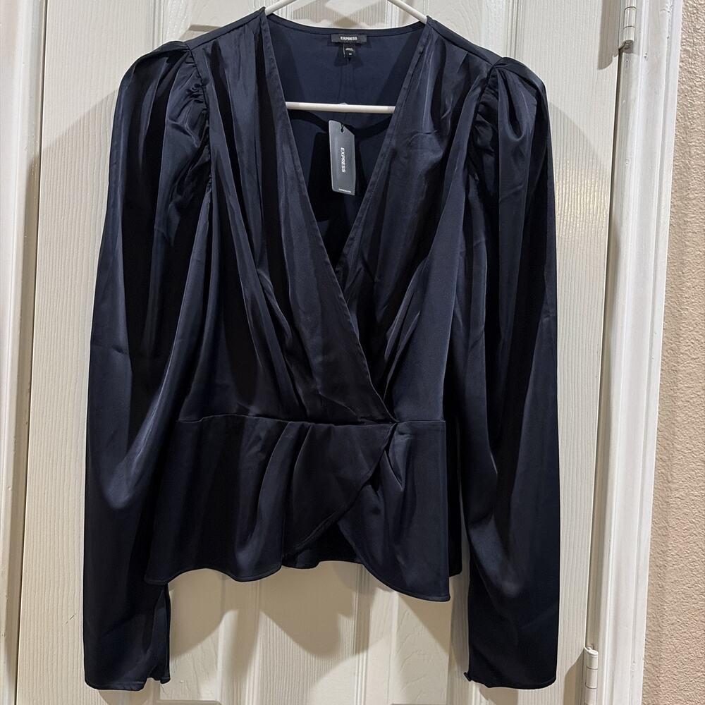 Express Women's Top Satin Like Size M Navy Puff Shoulder Draped Faux Wrap NWT
